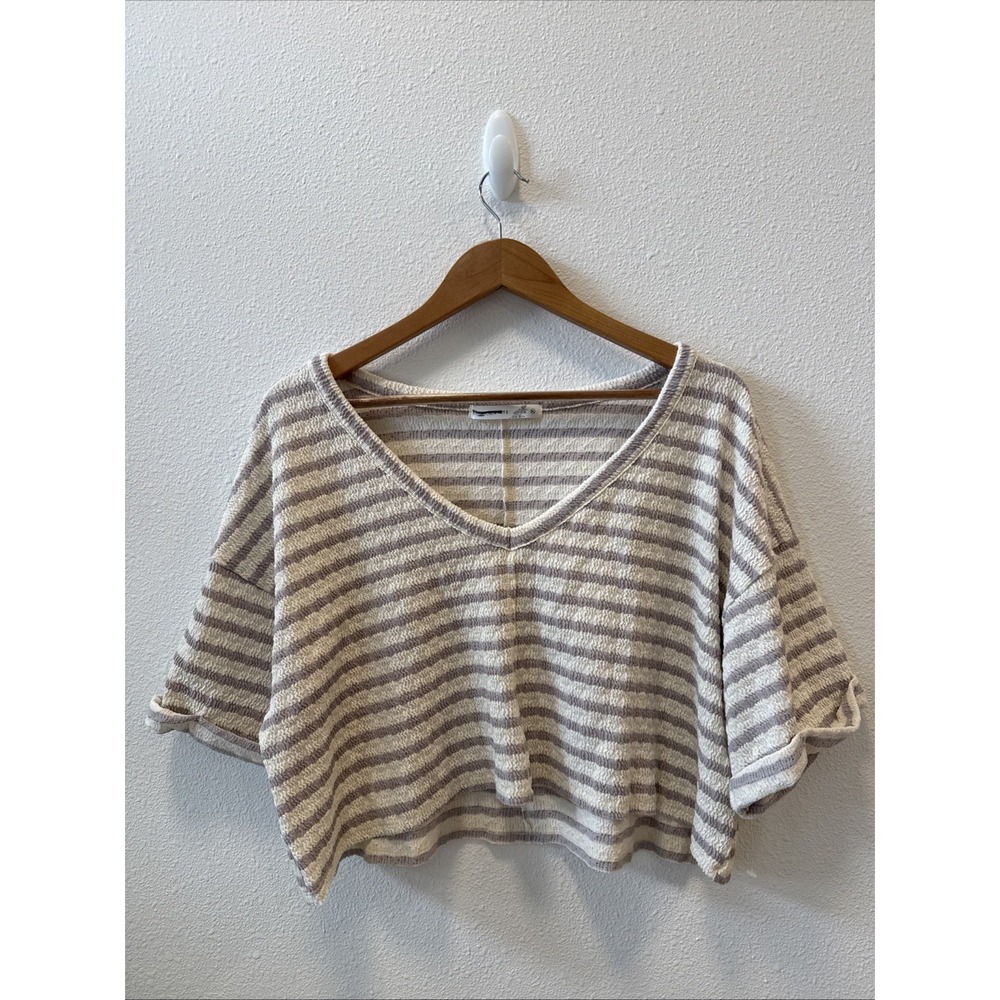 Altar'd State Purple Cream Ruched Striped Sleeve Cropped Top Womens X-Large